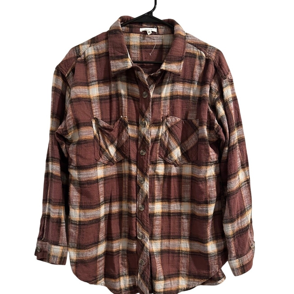 Maurices Womens Plaid Flannel Button Down Shirt Burgundy Brown Size M